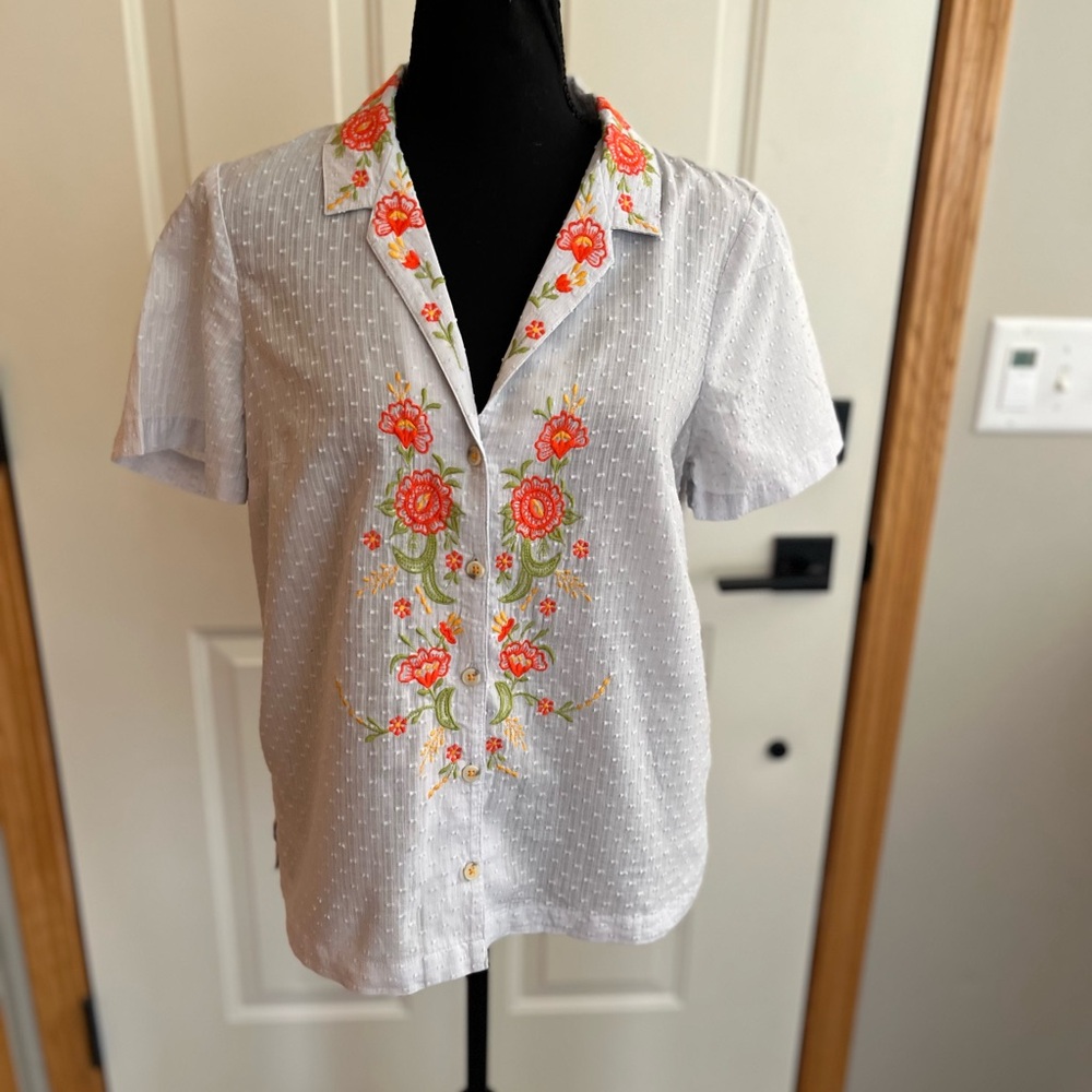 Maeve White Button-Down Shirt with Orange Floral Embroidery